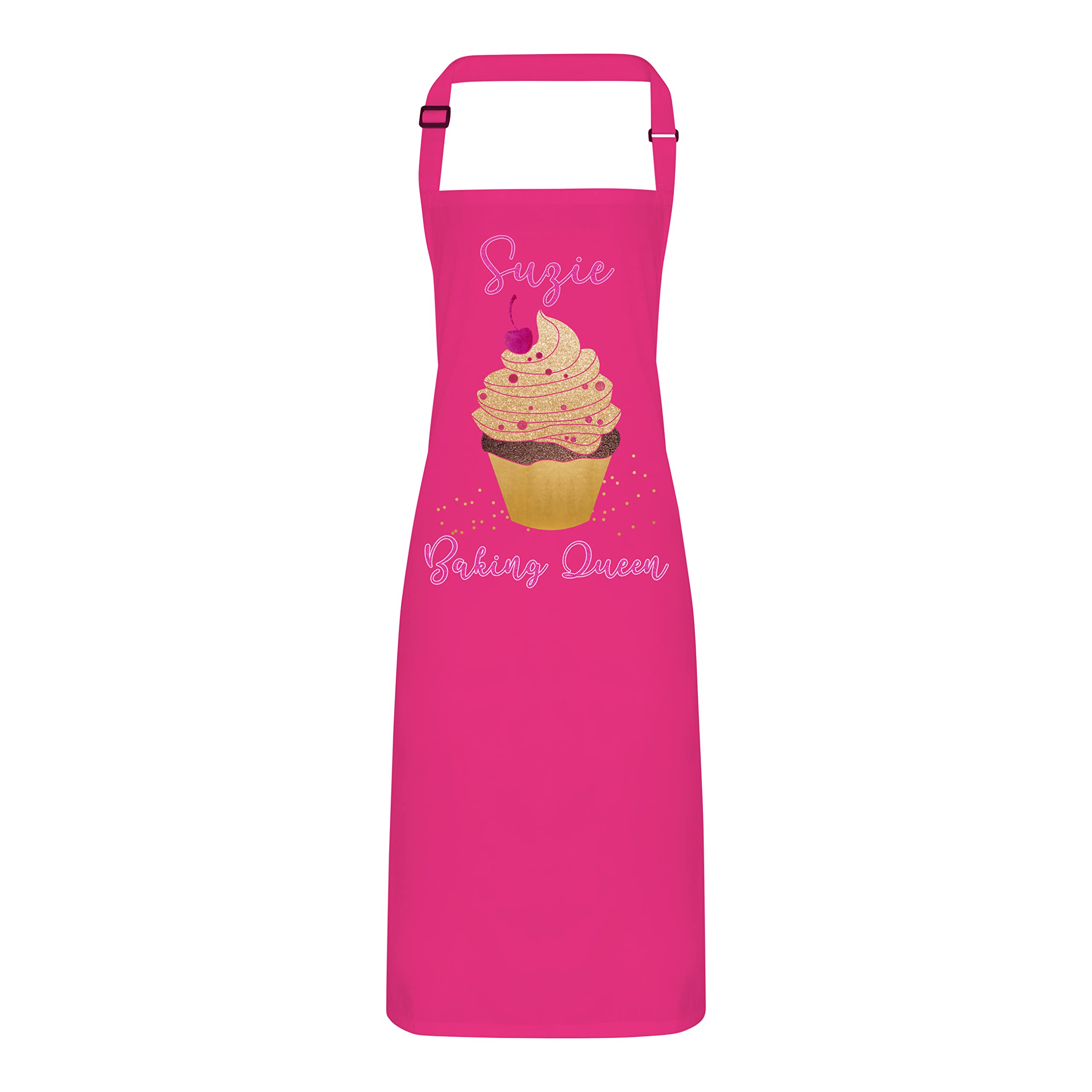 Personalised Apron - Cup Cake Baking Queen with Adjustable Neck Strap - Full Colour Print (Hot Pink)