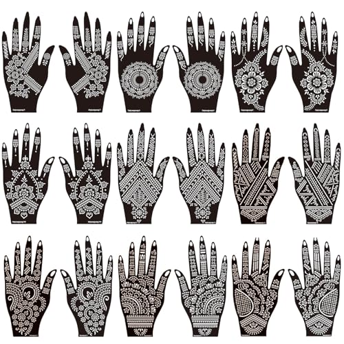 Henna Stencils Tattoo Kit, 18 Sheets Hand Stencils for Women and Girls, Temporary Tattoo Stickers