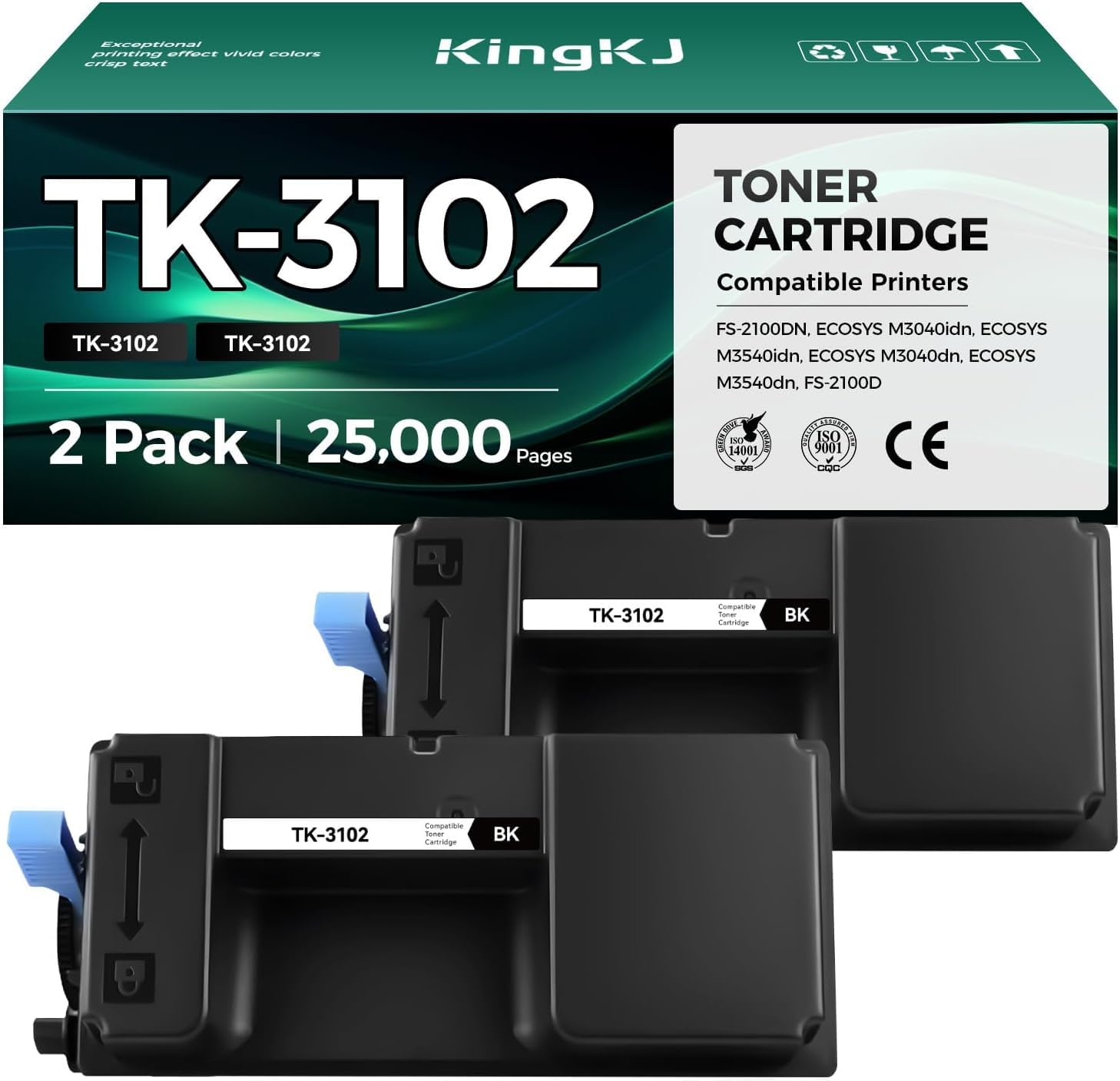 TK-3102 TK3102 Toner Cartridge Black 2-Pack High Yield With Chip Replacement for Kyocera TK-3102 1T02MS0US0 Compatible with Kyocera ECOSYS M3040idn M3540idn M3040dn M3540dn FS-2100DN Printer Toner Kit