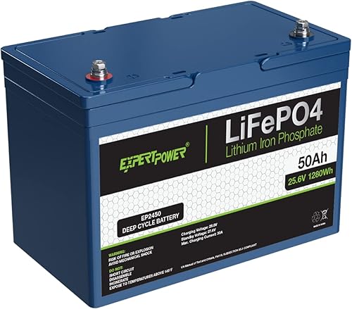 ExpertPower Batería recargable de litio LiFePO4 de 24 V y 50 Ah de ciclo profundo 2500-7000 ciclos de vida útil y 10 años de vida útil BMS
