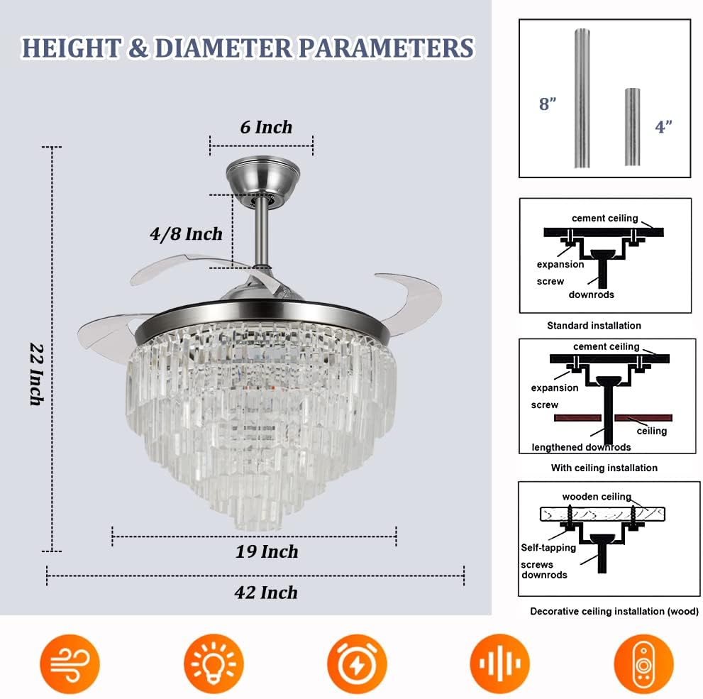 42 inch Crystal Ceiling Fan Light with Remote, Modern Invisible Silent Ceiling Fans with Lights 3-Color Dimming Chandelier Lighting for Dining/Lining Room (Silver F)