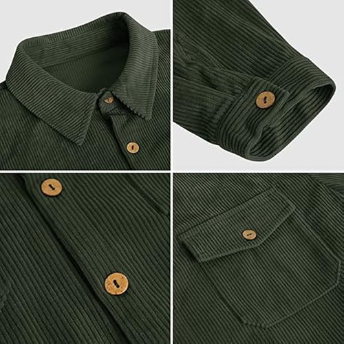 Akivide Mens Corduroy Shirt Button Down Jackets Retro Long Sleeve Lapel Collar Solid Corduroy Trucker Jacket With Pockets Green #TOP3