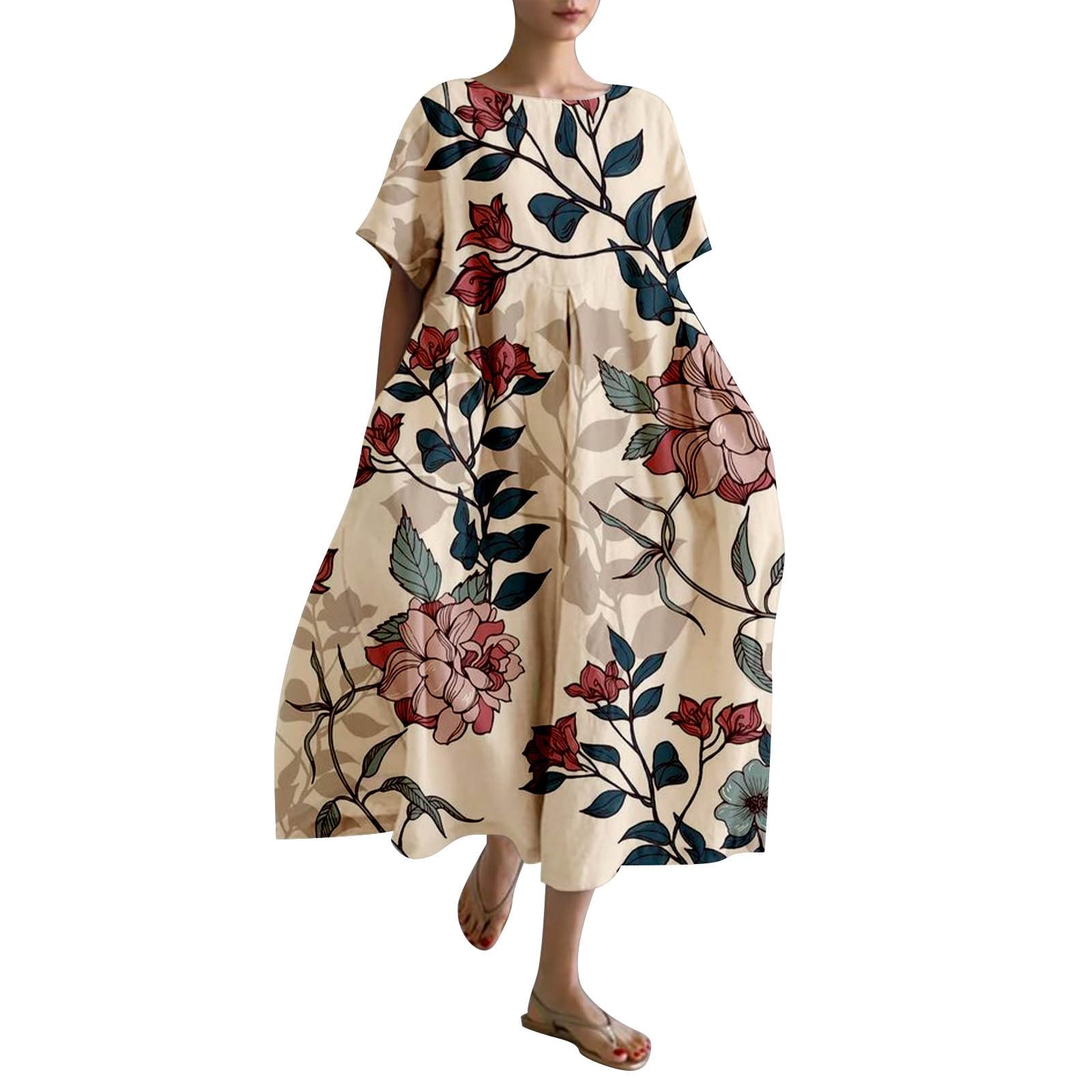 Leinenkleid Damen Sommer Lang Boho Große Größen Maxikleid Loose Rundhals Freizeitkleid Blumen Druck Urlaubskleid Halbärmeln Longshirt Vintage Maxi Dress Mode Strandkleid Lange Kleid