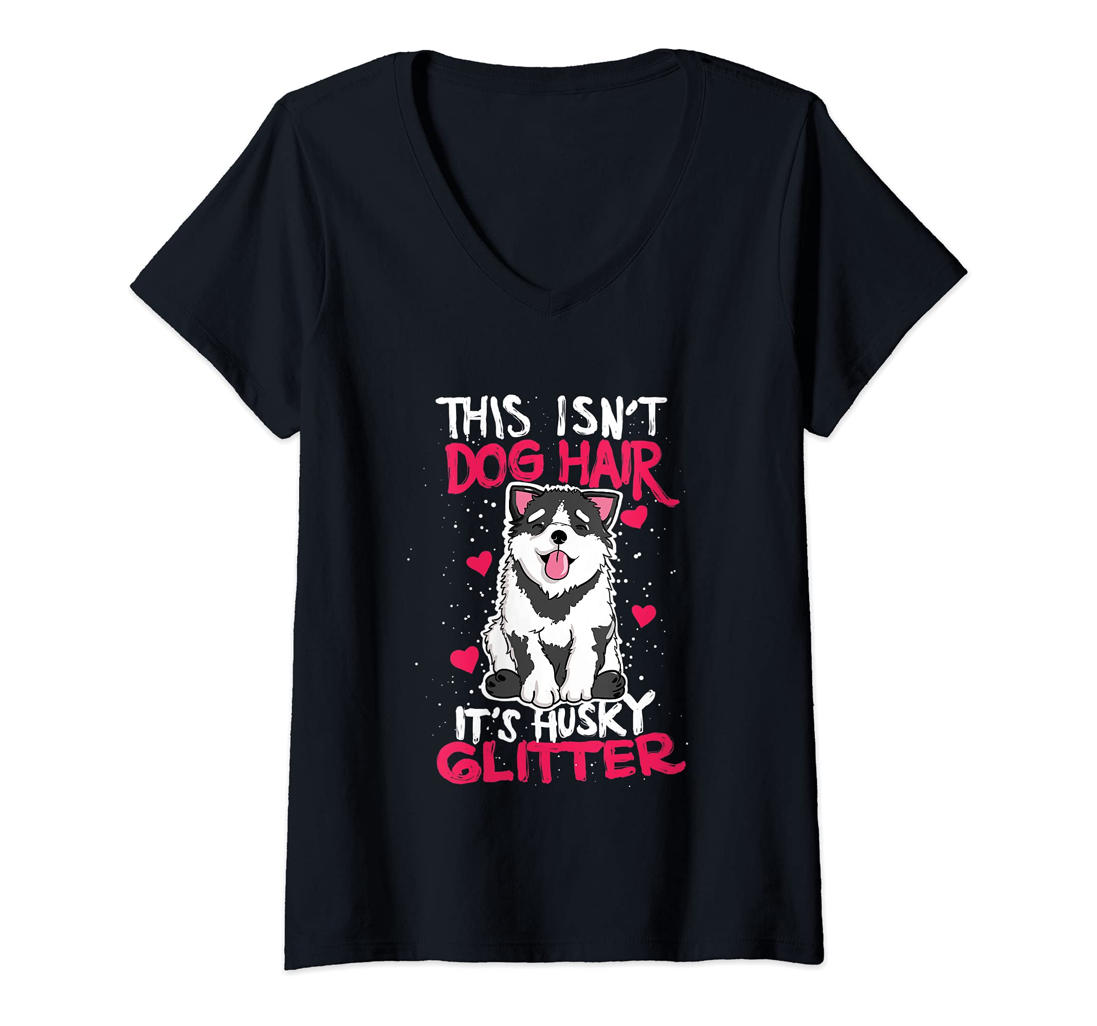 Womens Siberian Husky Dog Hair V-Neck T-Shirt, Black
