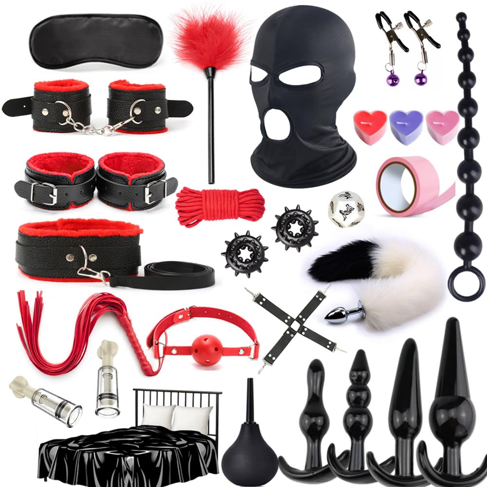 28 Pièces Kits de Bondage, SM Sex Toys Erotiques Set Adultes Toy pour Les Débutants, Érotiques Jouets Sexuels BDSM Anal Plug Menottes Masque Yeux Pour Sextape Draps sexy