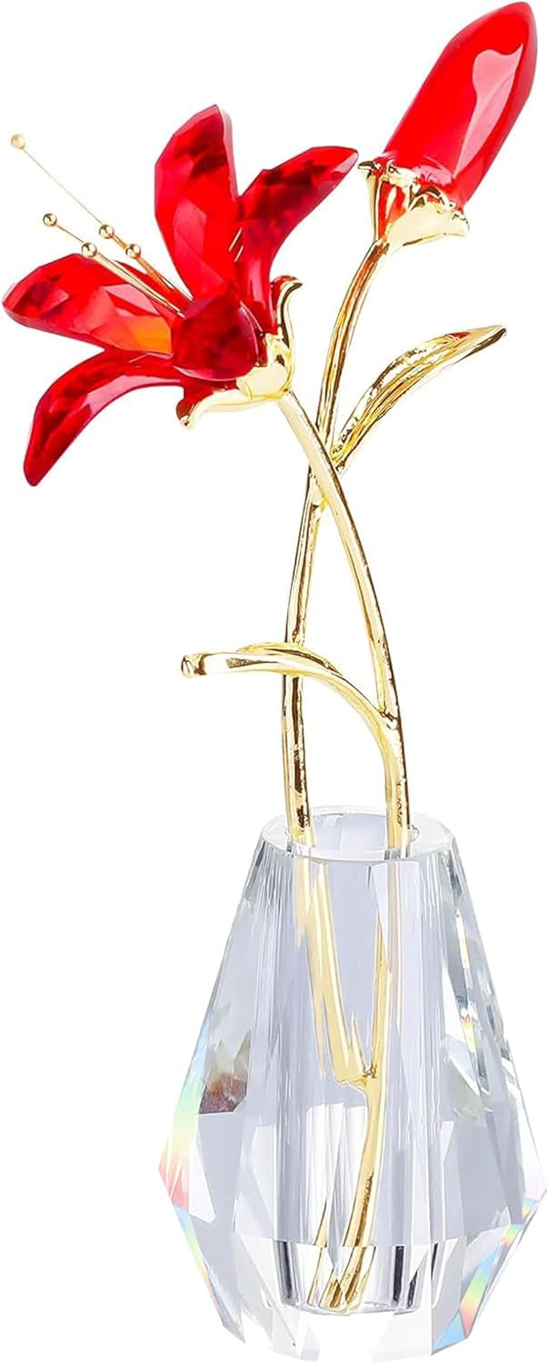 Crystal Lily Artificial Flower Decor Figurine with Vase,Crystal Vase for Flower ，Sunshine Catcher, Home Decor Ornament，Suitable for Bedroom and Living Room Decoration（red-with Gift Box）