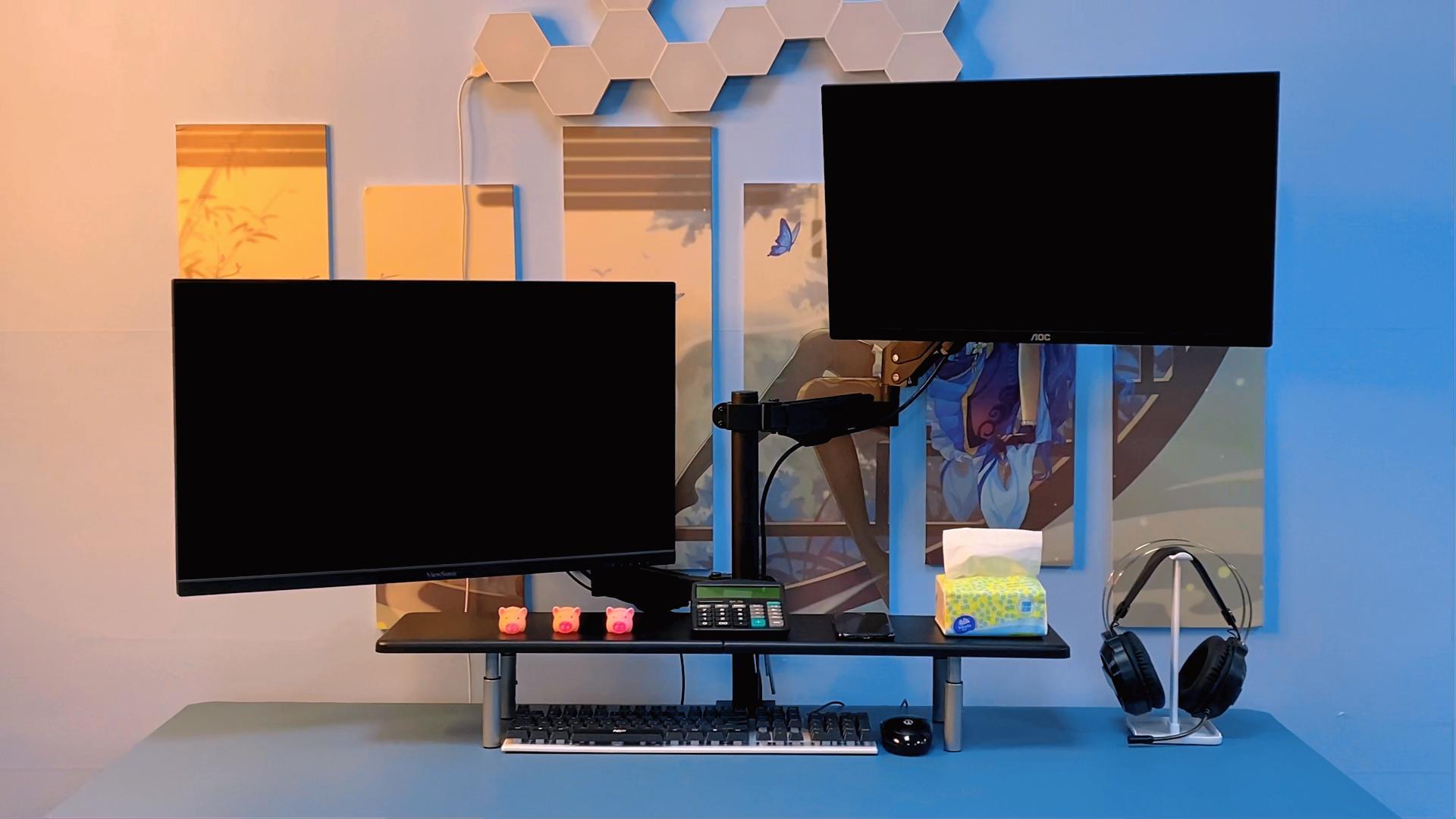 All components of the suptek Dual Monitor Stand Riser laid out for assembly