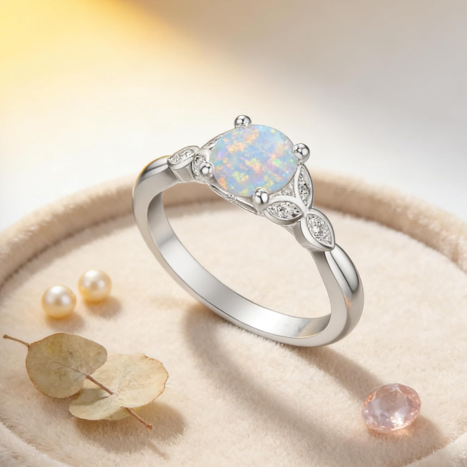 Leaf Opal Rings 1-1/4 Carat(ctw) Opal and Moissanite Engagement Rings for Women 925 Sterling Silver 10K 14K 18K Gold October Birthstone Rings