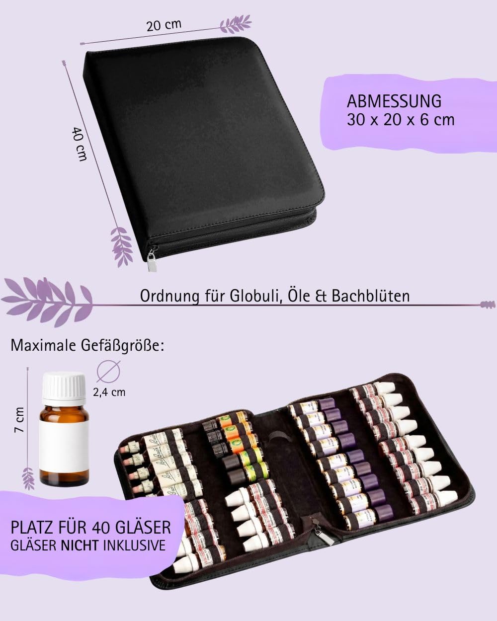 Homeopatia apteczka kieszonkowa na 10 g globulki, 20 ml kwiatów Bacha lub olejki eteryczne z 40 pętelkami (bez leków)