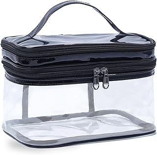 透明ガーリーメイクアップバッグ シンプル 防水 見える 美容 デスクトップ メイクアップバッグ 旅行 収納バッグ 透明な虹色のトイレタリーバッグ、トップハンドル付き、二重層トラベルバッグ (レーザーブラック)