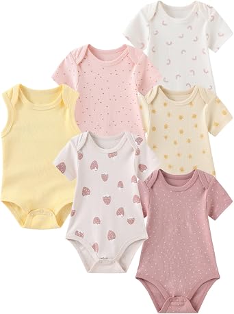6Pcs Unisex Baby Boy One-Piece Rompers Infant Girl Bodysuits Set | 100% Cotton Baby Clothes,0-12Months Short Sleeve Summer Outfits,Newborn Onesies,Baby Pajamas,Casual,Comfort,Homewear