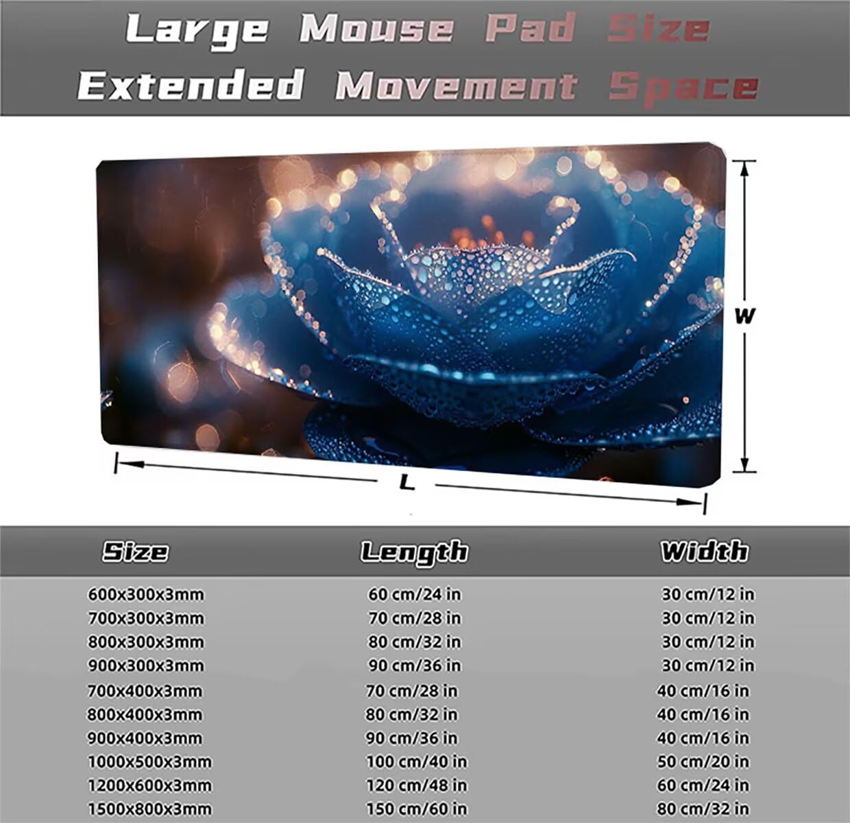 Alfombrilla Ratón Gaming XXL, Gaming Mouse Pad 1500x800x3mm, Protector Escritorio Antideslizante, Alfombrilla de Ratón Azul Flor Mousepad Grande, Tapete Raton para Jugadores de PC Oficina LMDT9060