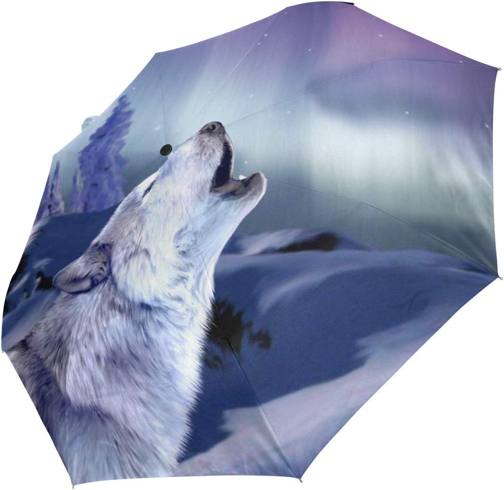 ALAZA Aurora Night Wolf Howling Travel Umbrella Auto Open Close Windproof Waterproof Folding Umbrella Compact Canopy Easy Carrying