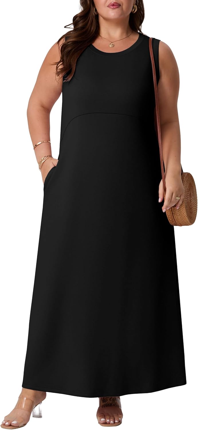OLRIK Plus Size Maxi Dress for Women Summer Casual Sleeveless Long Sundress with Pockets Elegant Empire Waist - Image 2