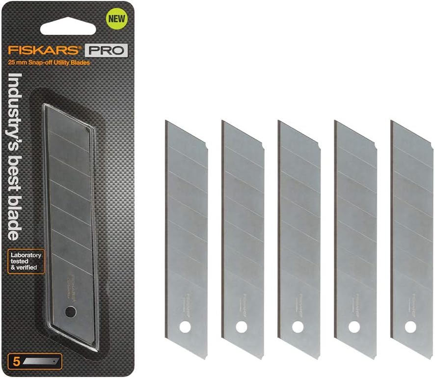 FIskars Pro Utility Knife Replacement Blades, 25mm Snap-Off Carbon Ax Blades, Pack of 5