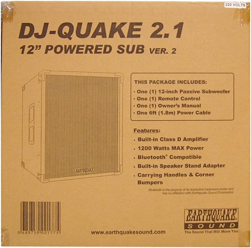 Earthquake Sound DJ-Quake (Ver 2) 12-inch 1200-Watt Subwoofer with Built-In Amplifier, USB/SD, and Bluetooth, Black
