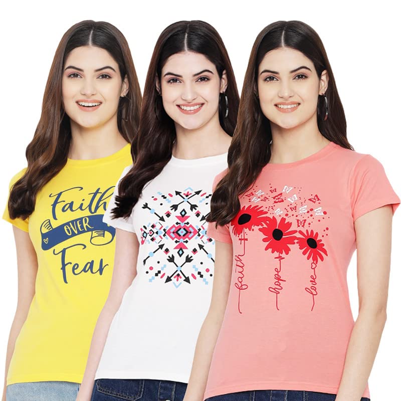 Image of Preneum Women's Cotton Regular Fit Graphic Stylish Printed Short Sleeves Casual T-Shirt || Trend & Stylish (Pack 3), Yellow & White & Pink, L