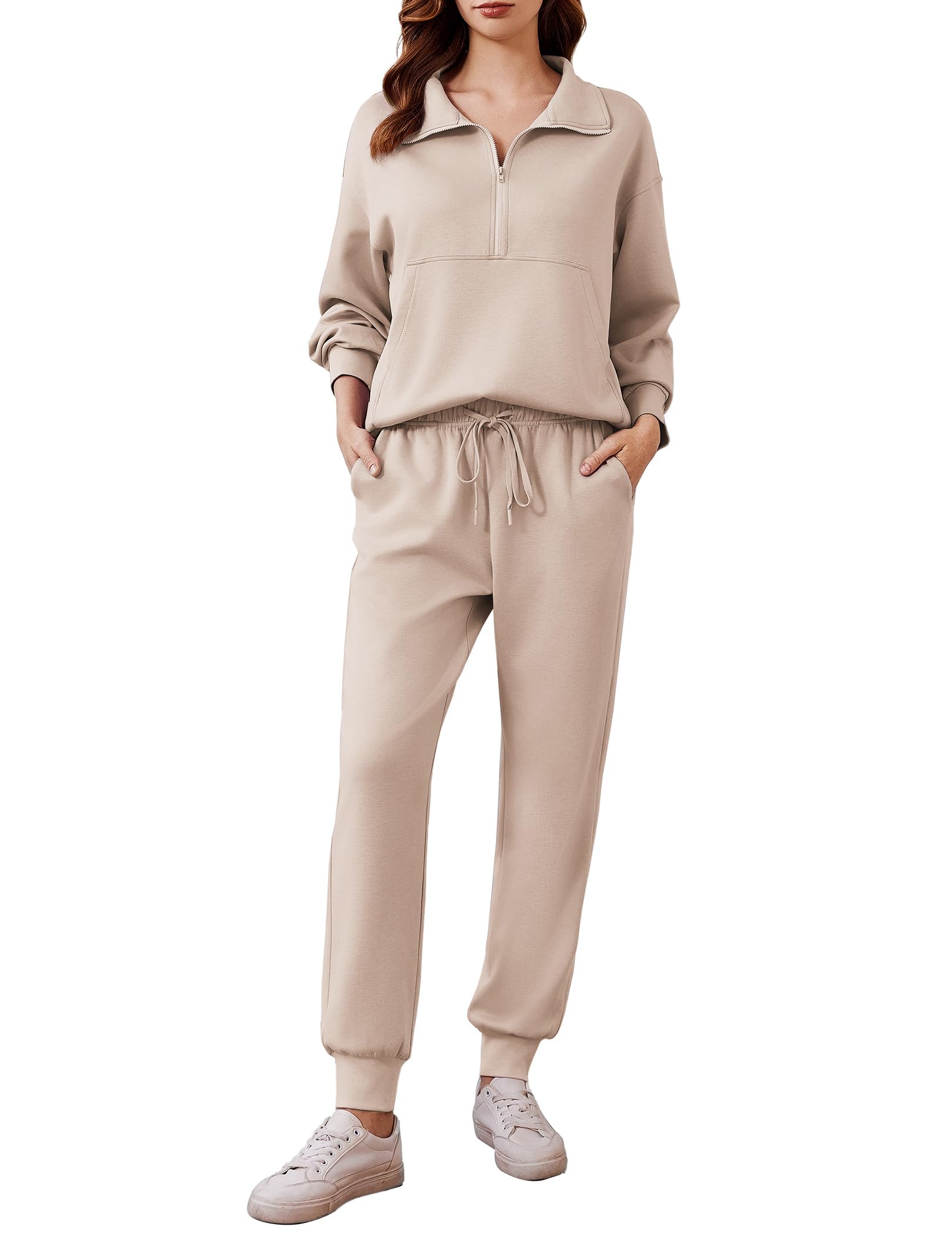 PINSPARK 2 Piece Sets for Women Long Sleeve Half Zip Tracksuit Jogger Sets | 2026 Fall Travel Outfits Lounge Set, Lightweight Soft Air Layer Fabric, Kangaroo Pocket Sweatshirt, Drawstring Joggers Pants
