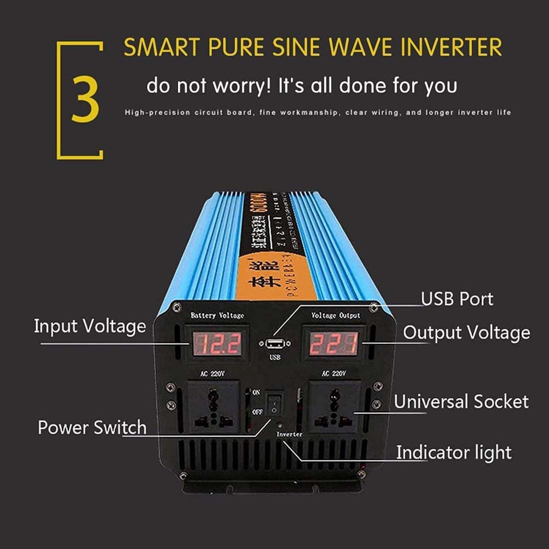 3000W/4500W/6000W/8000W Czysta Fala Sinusoidalna Przetwornica 12V 24V Do 220V 230V 240V Przetwornica Samochodowa Przetwornica Napięcia Dla Samochodów Kempingowych, Ciężarówek,4500W-12V