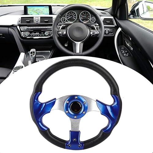 Miniatura 3 de Volante de 13 pulgadas de piel sintética de 13 pulgadas (12.598 in), volante deportivo de carreras, color azul para un control mejorado y elegante