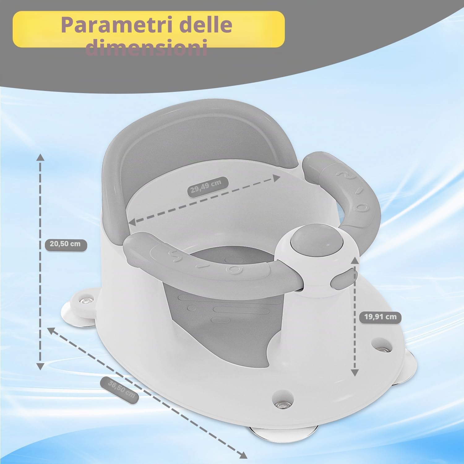 Seggiolino da Bagno Antiscivolo a Partire da 6 Mesi con 4 Potenti Ventose, Tazza e Spugna da Bagno, per Doccia o Vasca (Grigio)
