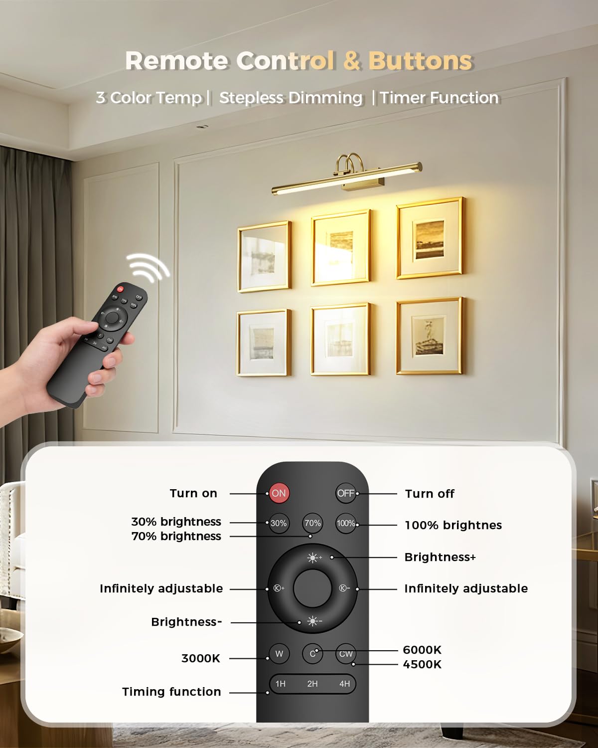 Lampada da parete ricaricabile wireless da 23,6 ″ con telecomando, grande lampada da parete a batteria per dipinti e arte, lampada da galleria a LED dimmerabile con timer, design in metallo regolabile