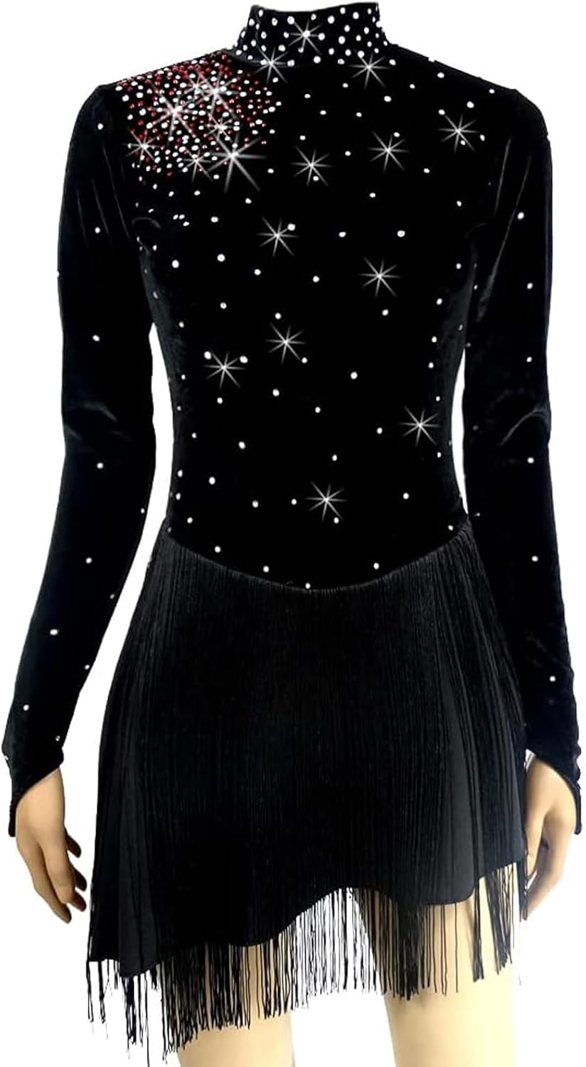 LIUHUO Figure Skating Dress Girls Black Velvet Performance Ice Skating Dress