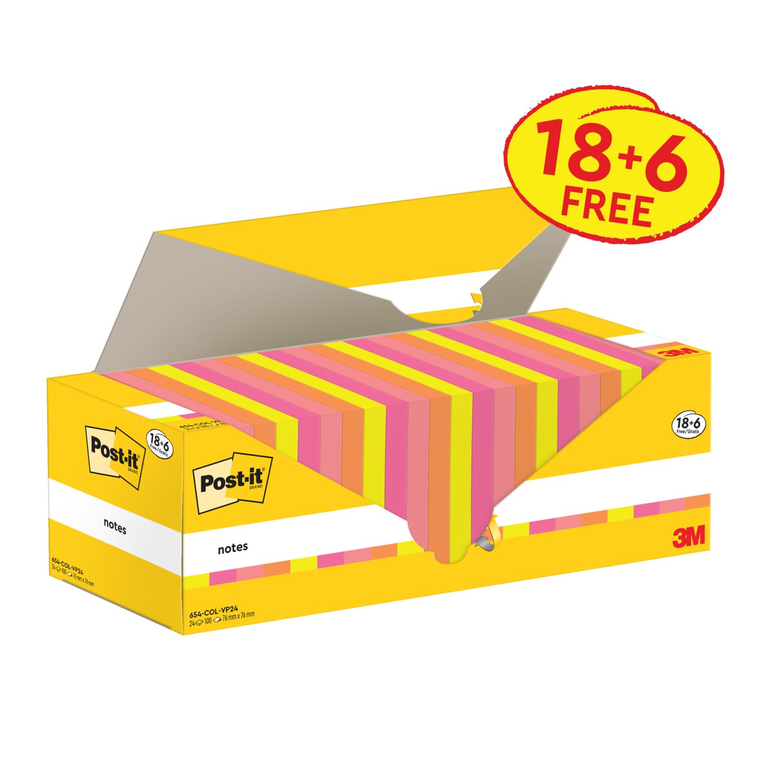 Post-it Notes Assorted Colours, Promo Pack 18 + 6 Free Pads, 100 Sheets per Pad, 76 mm x 76 mm - Image 2