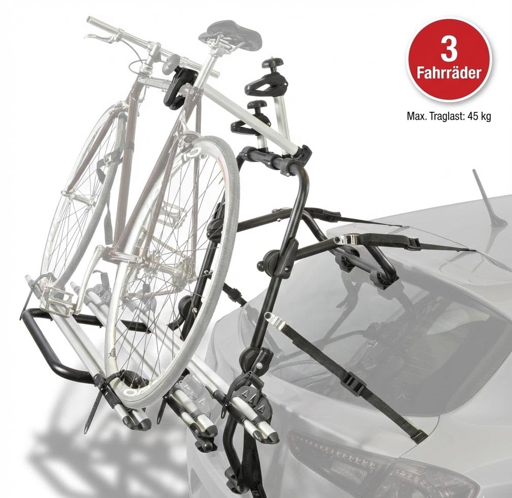 Fahrrad Heckträger - Fahrradträger Heckklappe - VDP 3 - universal Auto Fahrradträger - Heckklappenträger mit Schienen - Fahrradheckträger fürs Auto - Befestigung Kofferraumklappe - 3 Räder