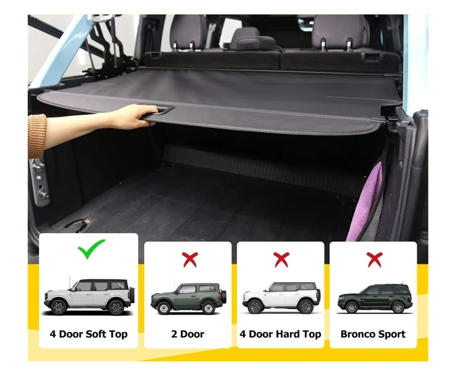 Cache-Bagages arrière Coffre pour Ford pour Bronco 2021-2024 2025 2026 + (Uniquement pour La Version Souple 4 Portes) Pare-Soleil Protection Coffre Rétractable Noir