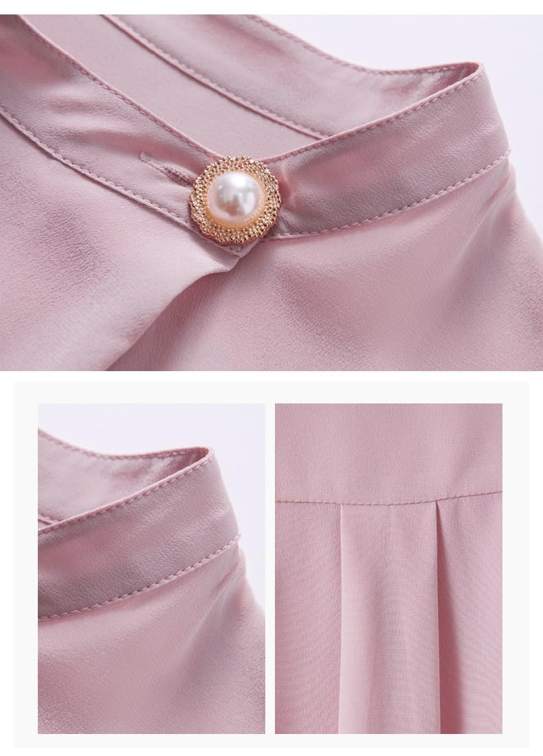 DISSA Blusa de seda para mujer, cuello alto, blusa de manga larga, camisa de seda, camiseta monocolor, S9611