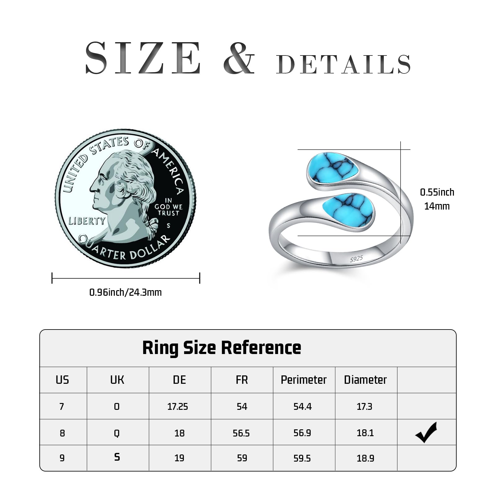 KQ&TTENG Anello turchese da donna, in argento Sterling 925, regolabile, idea regalo per ragazze