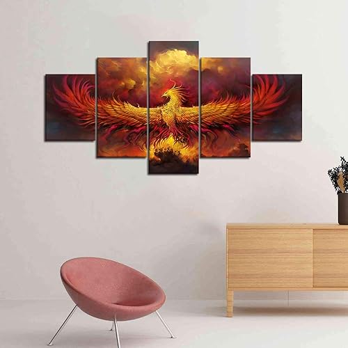 Miniatura 2 de Yatsen Bridge Pintura en lienzo de Fénix de Fuego, 5 paneles, arte de pared de fénix ardiente, cuadros vintage, póster impreso, arte de arte para