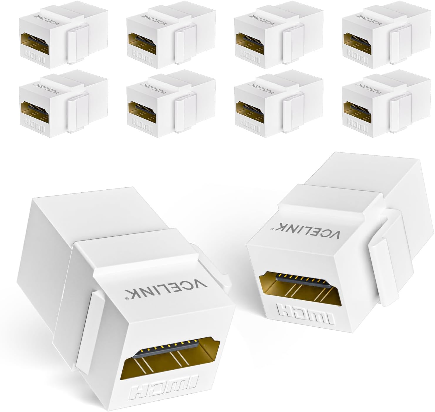 VCELINK 10-Pack 8K HDMI Keystone Jack with 8K 60Hz and 4K 120Hz, HDMI 2.1 Female to Female Adapter 48 Gbps, Snap-in 180 Degree Angle Connector for Wall Plate, Gold Plated, White