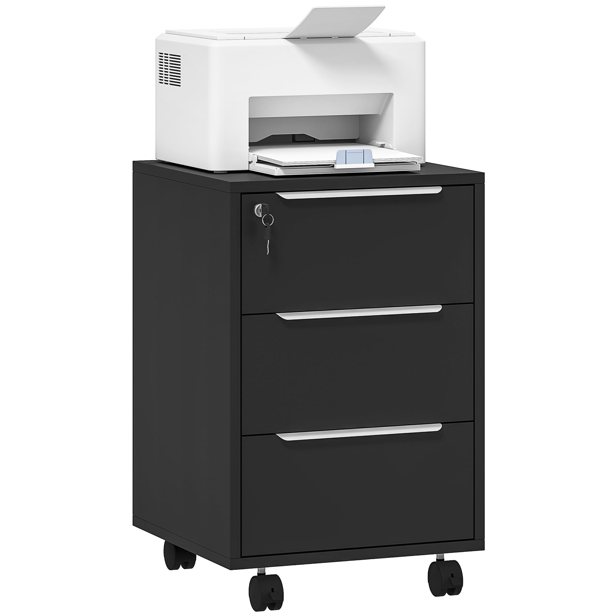HOMCOM 3-Drawer Lockable Filing Cabinet, File Cabinet on Wheels, Mobile Office Storage Drawers for Home Office, Bedroom and Living Room, Black