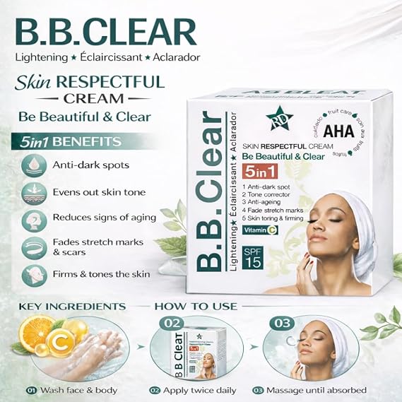 B.B. Clear - Be Beautiful & Clear - Skin Respectful Cream 5-in-1 Vitamin C + AHA Face Cream with SPF 15 Tone Correcting Moisturizer for Dark Spots, Uneven Skin Tone & Firming