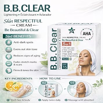 B.B. Clear - Be Beautiful & Clear - Skin Respectful Cream 5-in-1 Vitamin C + AHA Face Cream with SPF 15 Tone Correcting Moisturizer for Dark Spots, Uneven Skin Tone & Firming