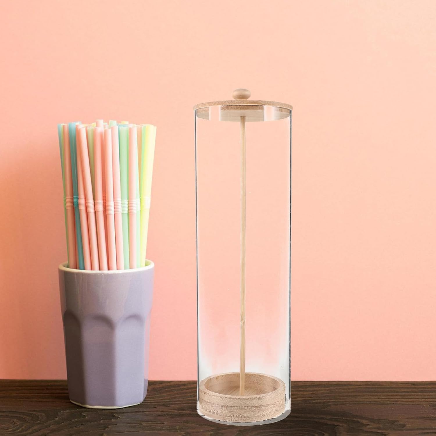 Acrylic Straw Organizer with Wooden Lid Large 25cm Height X 8cm Diameter Straw Storage Container Dustproof for Kitchen Countertop and Restaurant Use