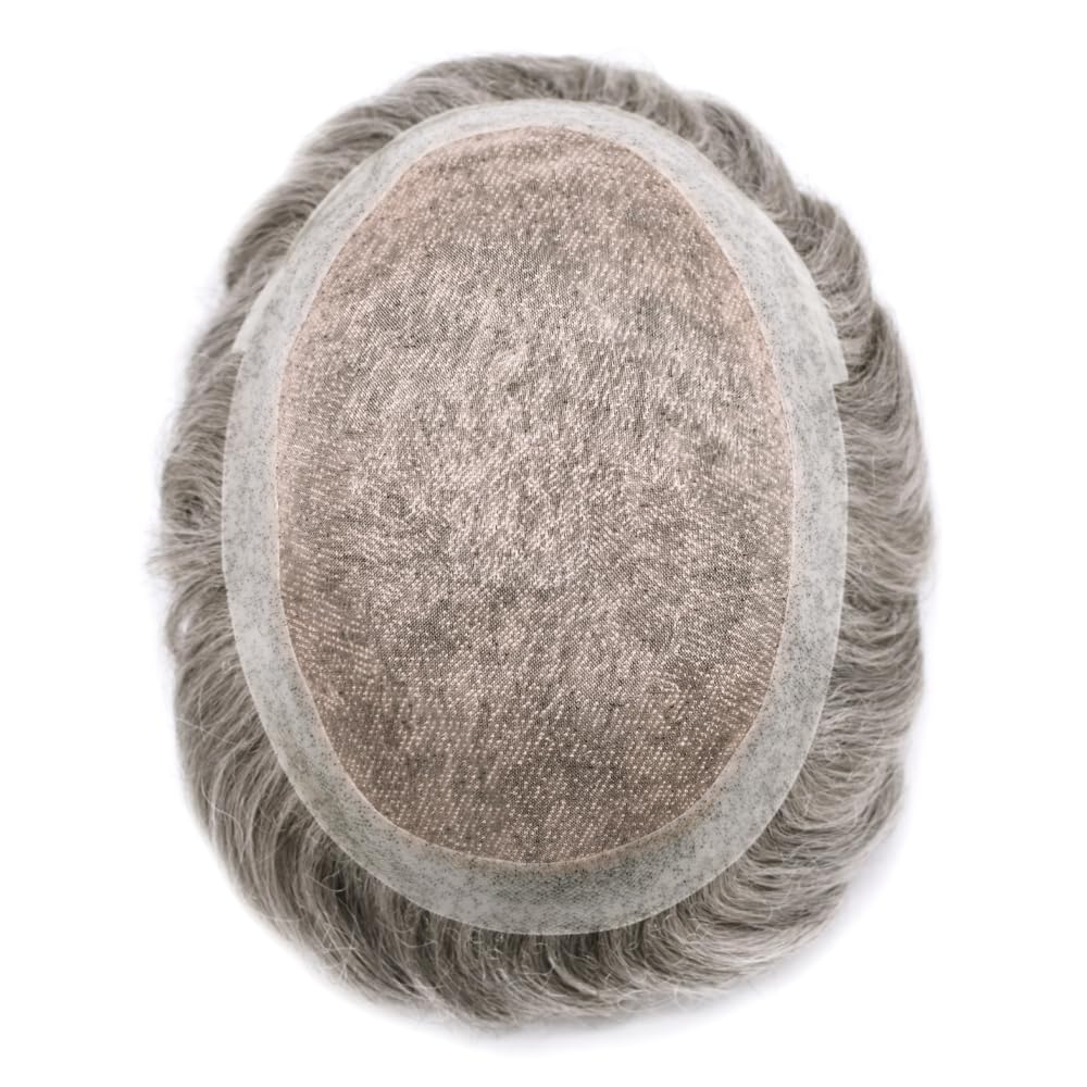 Toupee For Men Fine Monofilament Hair System for Mens Toupee Real Human Hair Replacement System for Men Natural Hairline Mens Hairpiece #380 #3 Dark Brown+80%Grey 8X10 120% Density