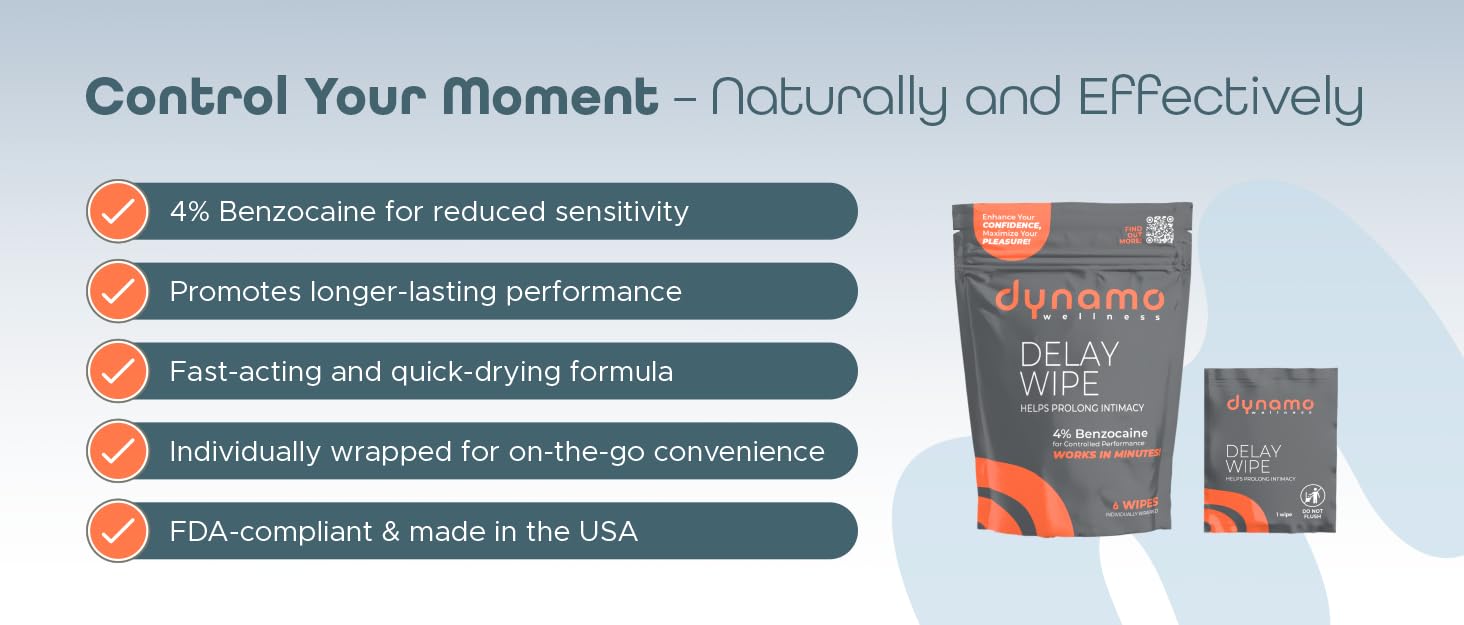 Dynamo Delay 18-Pack Value Wipes for Men: Fast-Acting 4% Benzocaine Climax Control for Extended Endurance – Discreet, Travel-Friendly & Partner-Safe Desensitizing Wipes
