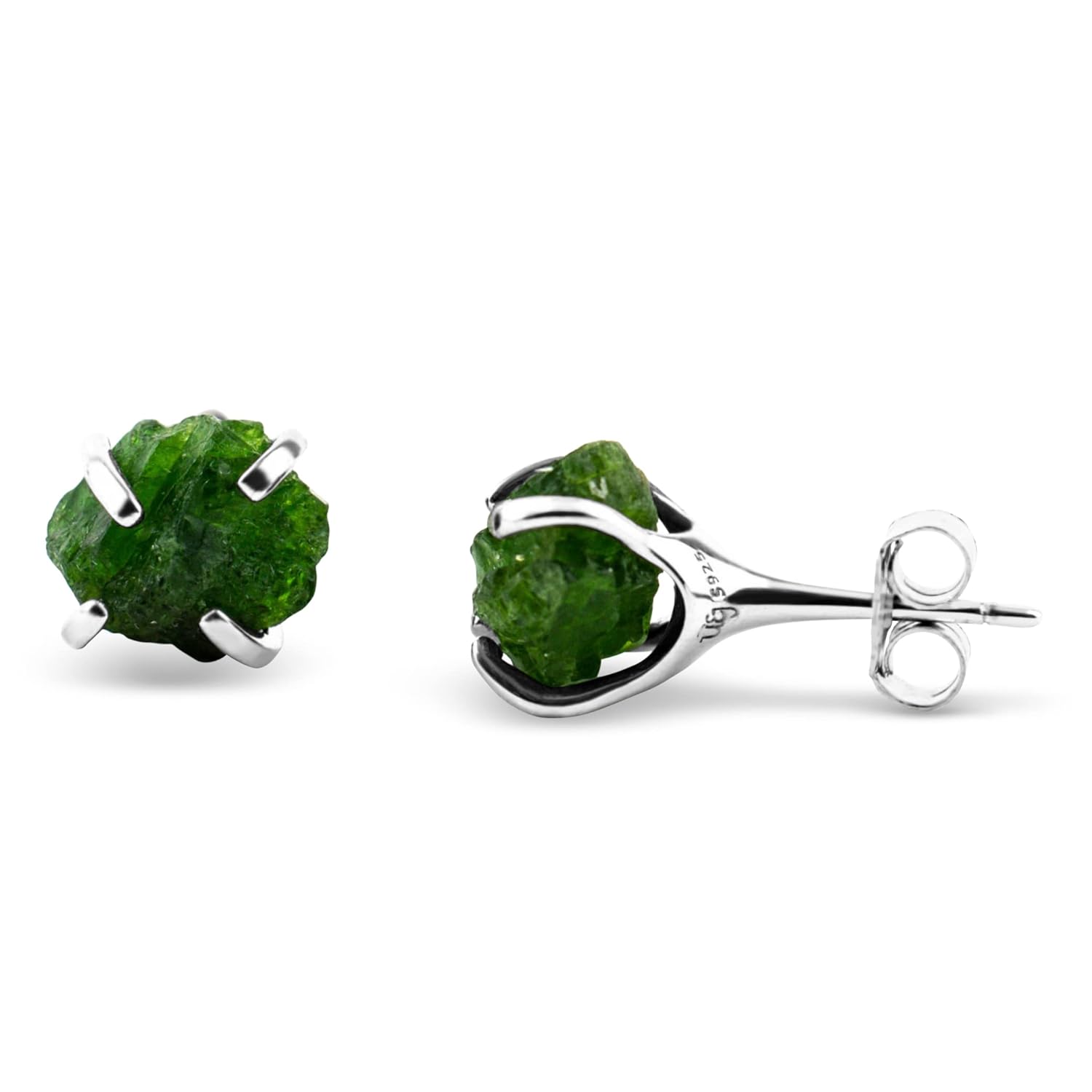 Natural raw green tourmaline stud earrings with white gold over 925 sterling silver, 6 to 7mm rough genuine quality October birthstone gift for her, Uniquelan Jewelry (Tourmaline (green))