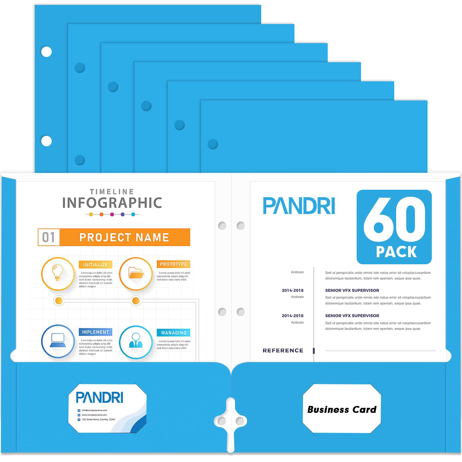 Two Pocket Portfolio Folders, PANDRI 60 Pack 3 Hole Punched 2 Pocket Folders for 3 Ring Binder, Letter Size Paper File Folder for School Office Home Business, Lightblue