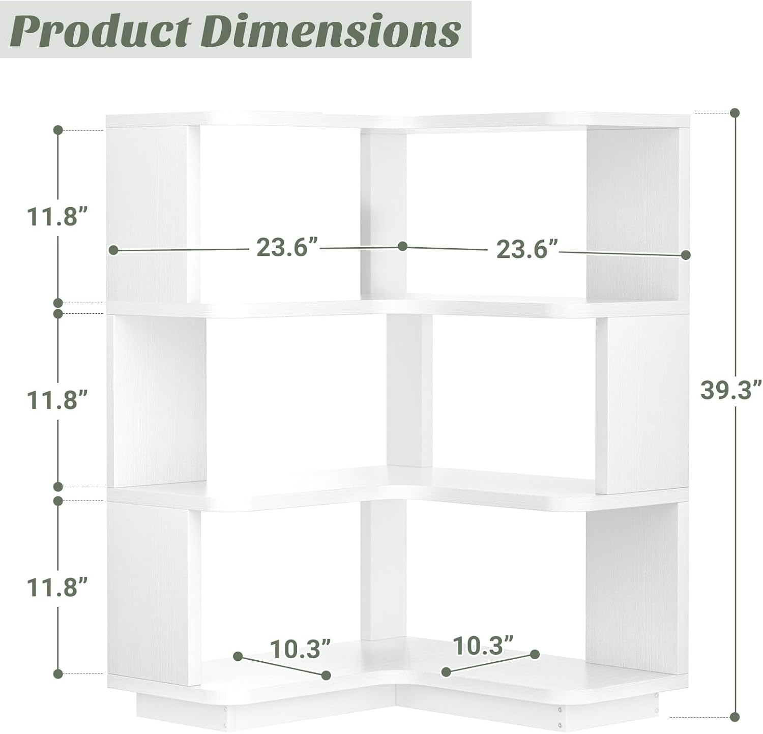Diagram showing the product dimensions of the Armocity 4-Tier Corner Bookshelf, with measurements for height, width, and shelf depth.