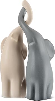 Menkxi 2 Pcs 6.7 Inch High Elephant Statue Decor Christmas Loving Pair of Beige and Grey Elephant Figurines Gift Ornaments Decorative Ceramic Elephant Couples Home Decoration for Living Room Bedroom