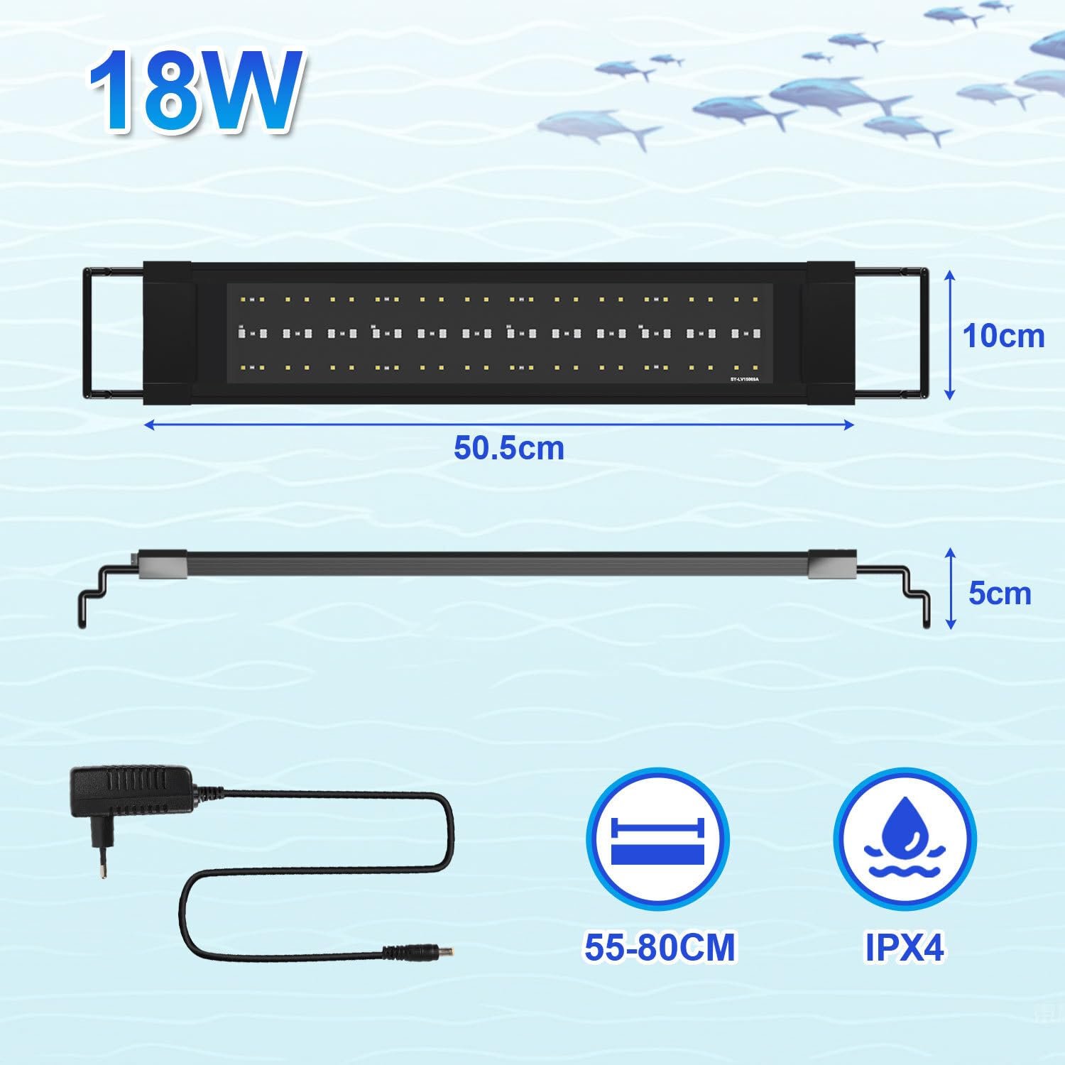 Illuminazione a LED per acquario, 10 livelli di luminosità, 18 W, 24/7, modalità di illuminazione per acquario, con timer regolabile, adatta per acquari d'acqua dolce di 55-80 cm
