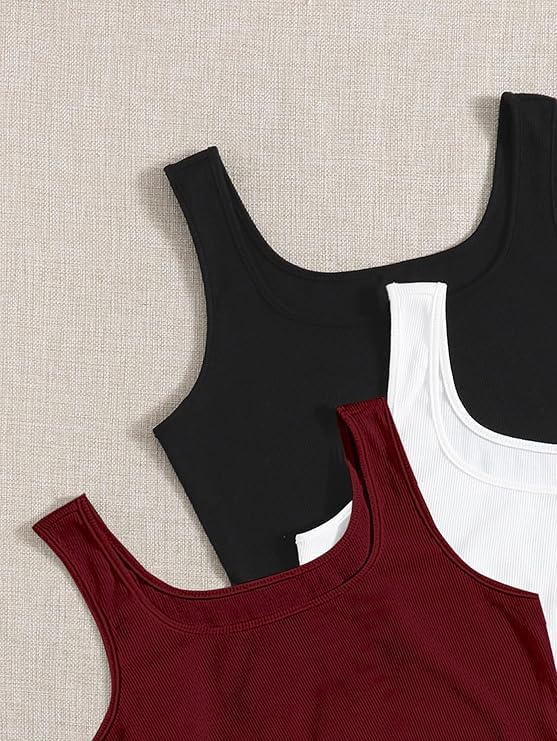 Image of Toochki Women's Knitted Sleeveless Solid Sqaure Neck Ribbed Tank & Crop Tops (Pack of 3)