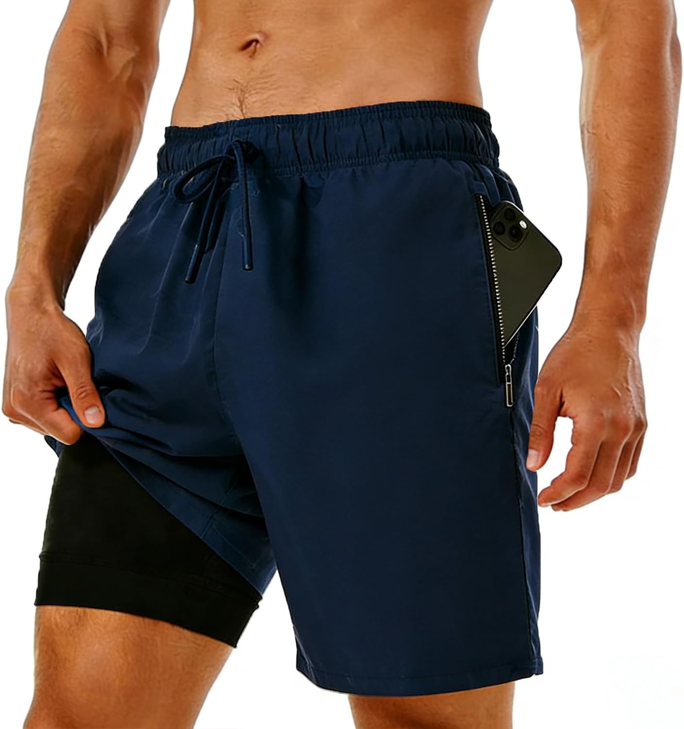 Men's Swim Trunks with Compression Liner, Quick Dry Hawaiian Swimwear Bathing Suit Drawstring Board Shorts