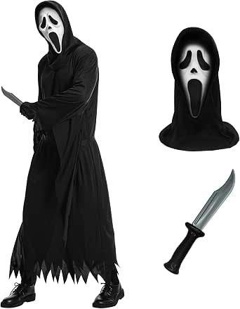 Halloween Scream Costume for Adults with White Mask and Knife Prop
