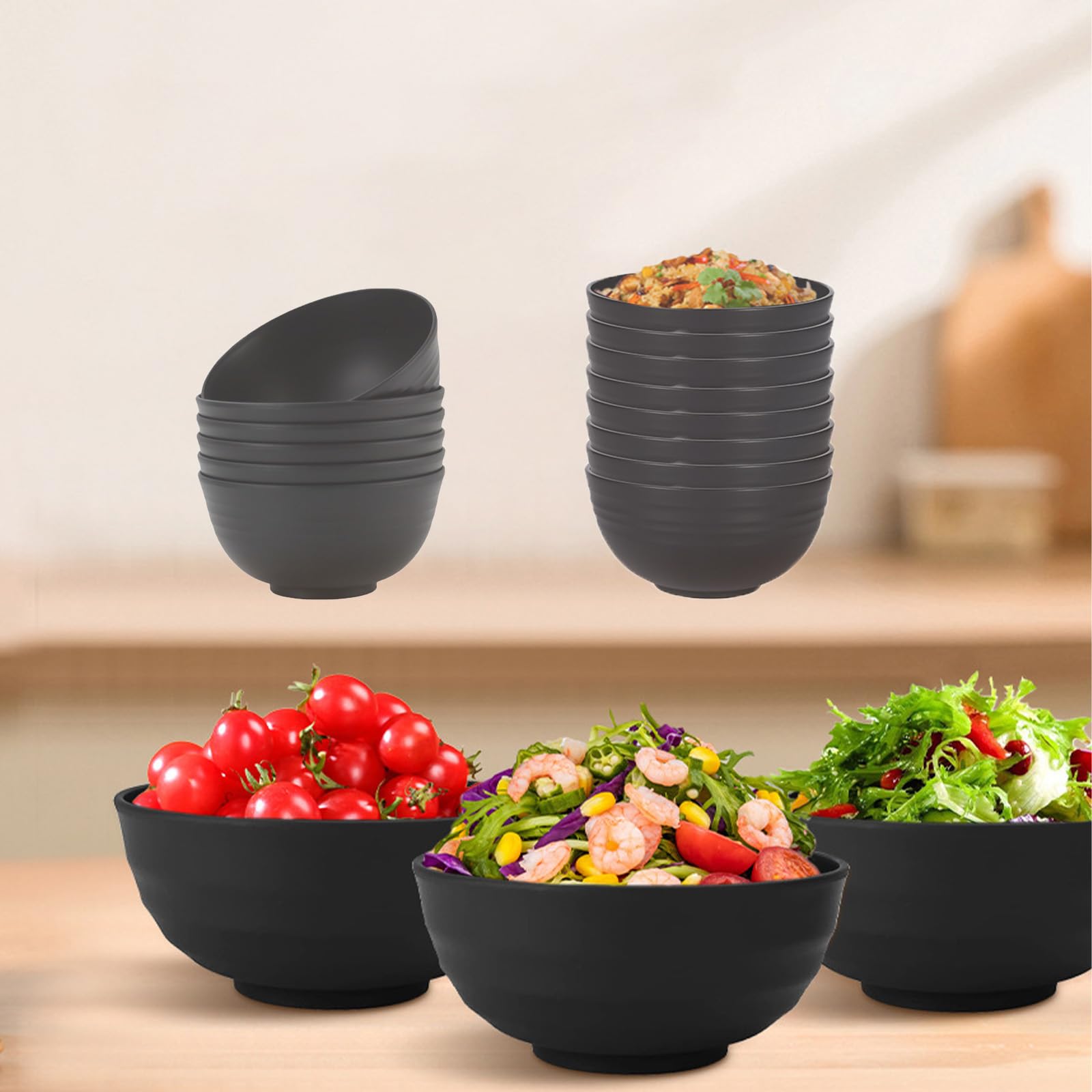 6 piezas Cuencos de Plástico Negro, 750 ml Bol Desayuno Plastico, Cuenco de Ramen Reutilizable, Cuenco Cereales, Cuencos de Sopa, para Hogares, Restaurantes, Jardines y Picnics, Negro
