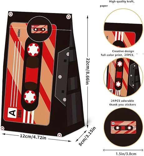 Miniatura 5 de 24 bolsas de regalo temáticas de cinta de casete con calcomanías, bolsas temáticas de los años 70, 80 y 90, bolsas de regalo de fiesta de cumpleaños